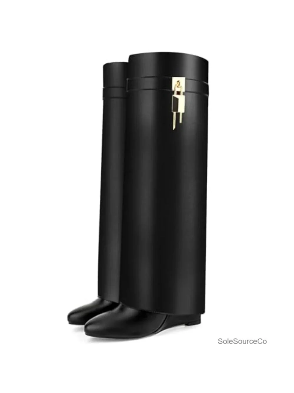 Faux Leather Fold Over Knee High Boots 4-Inch Wedge Heel Side Zipper